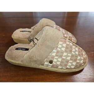 NINE WEST LOGO SLIPPERS‎ Tan Tweed FAUX FUR TRIM Super soft Medium 7/8